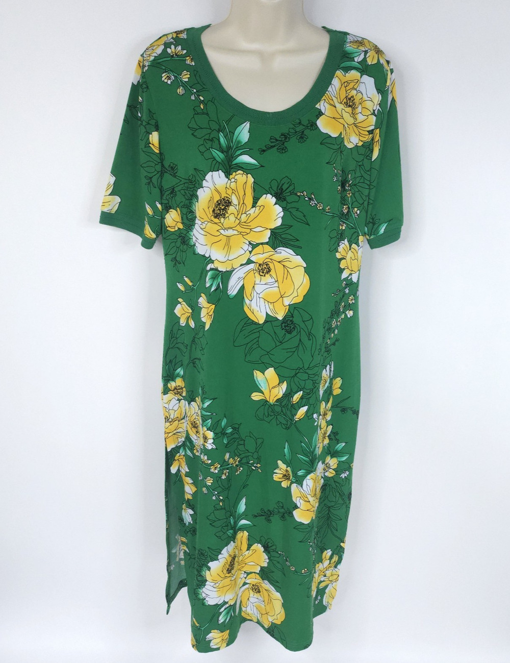 Gili Womens Shirt Dress M Petite Midi Green Yellow Floral Short Sleeve Stretch